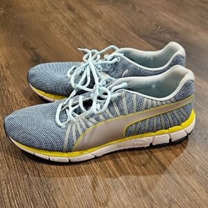 Puma Light Blue Knit Sneakers with Yellow Accents